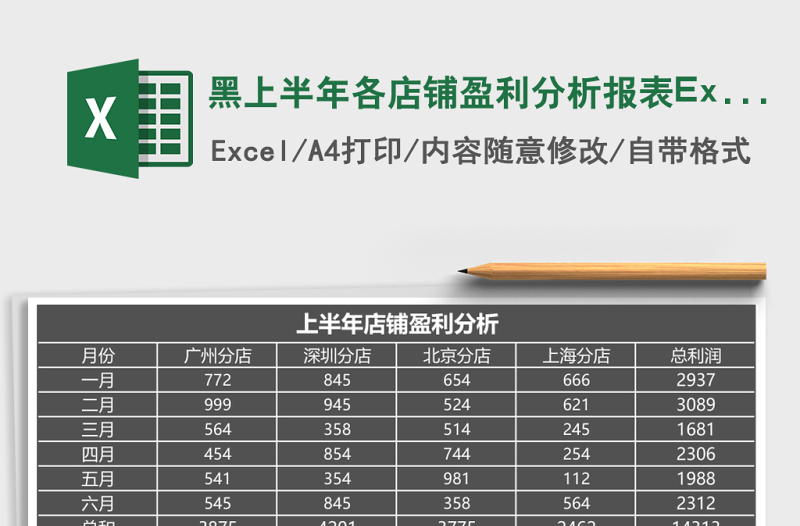 黑上半年各店铺盈利分析报表Excel模板