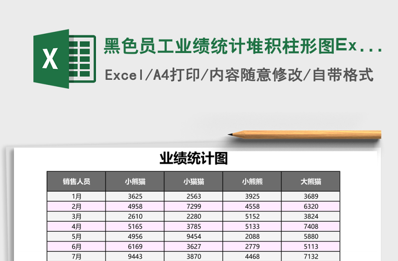 2025黑色员工业绩统计堆积柱形图Excel模板