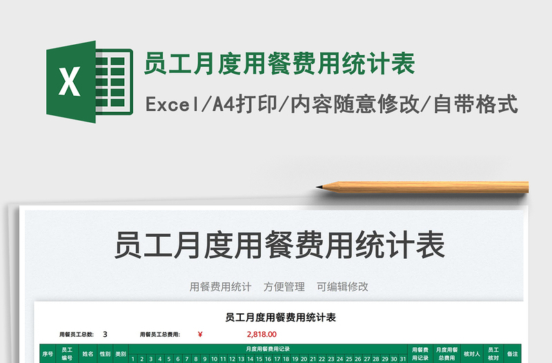 2025员工月度用餐费用统计表免费下载