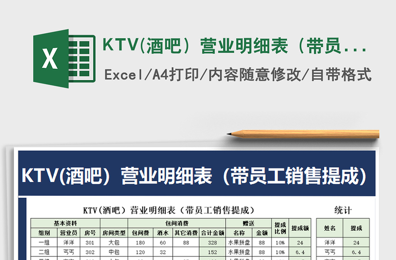 KTV(酒吧）营业明细表（带员工销售提成）