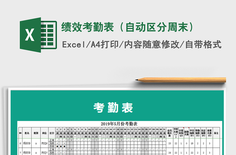 2025年绩效考勤表（自动区分周末）