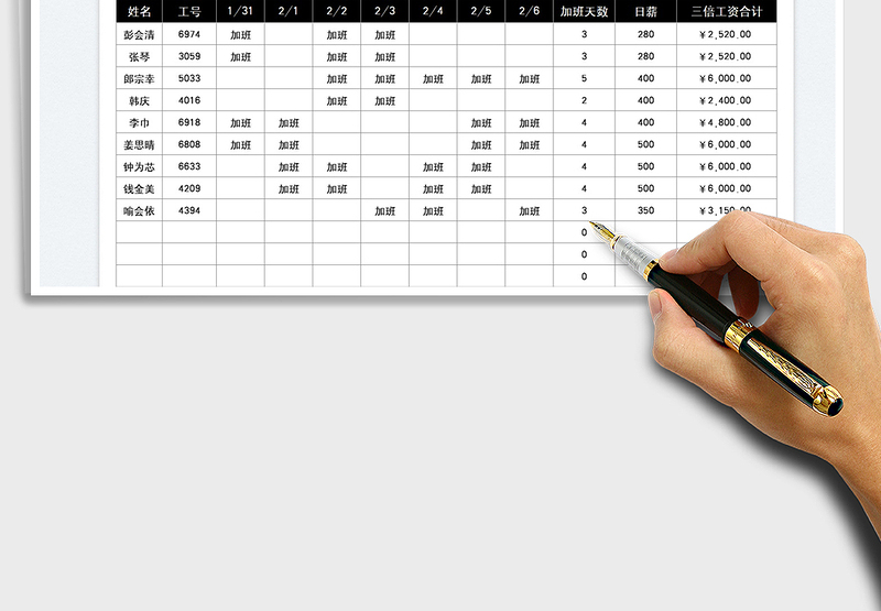 2025春节加班三倍工资结算表免费下载