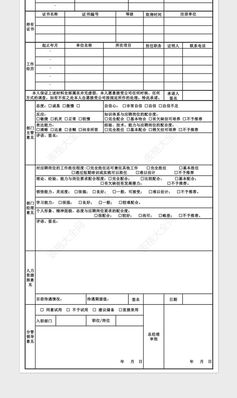 2024年应聘人员信息登记表面试录用审批表