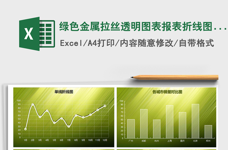 2025年绿色金属拉丝透明图表报表折线图饼图柱形图
