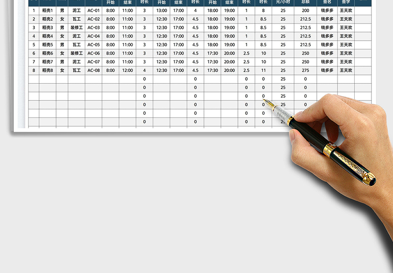2025劳务人员工时费统计表免费下载