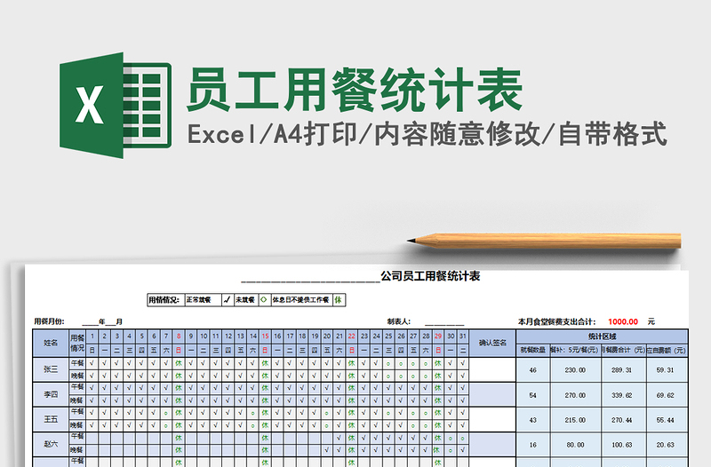 2025年员工用餐统计表免费下载