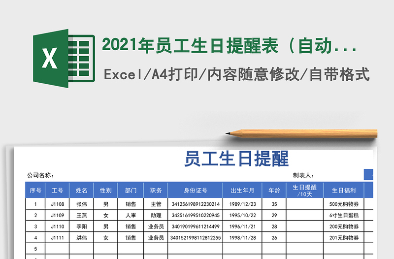 2025年员工生日提醒表（自动提醒）