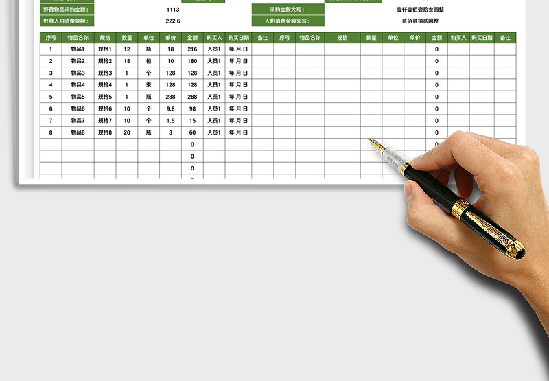 2025外出野营物品采购登记表免费下载