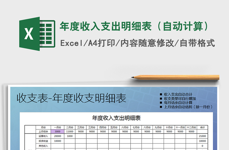 2025年年度收入支出明细表（自动计算）