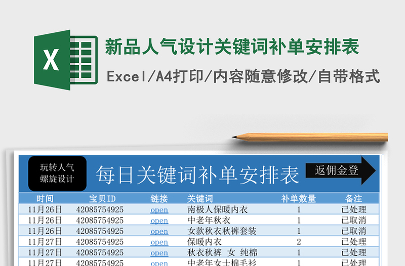 新品人气设计关键词补单安排表