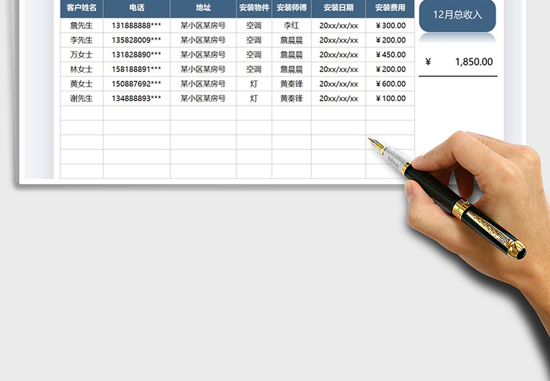 2025年设备上门服务安装收入表