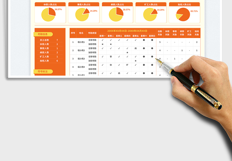 2025红色简约风含加班统计每周考勤表免费下载