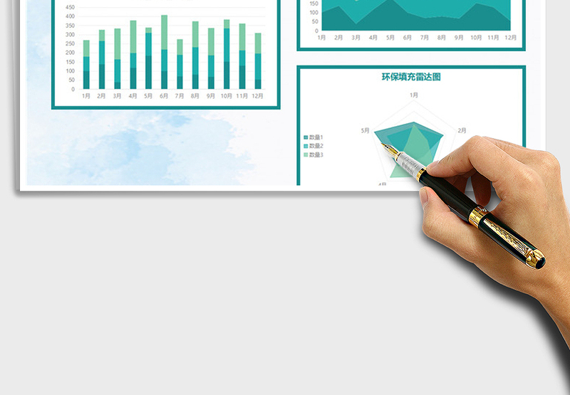 2025年绿色环保图表模板柱形图面积图免费下载