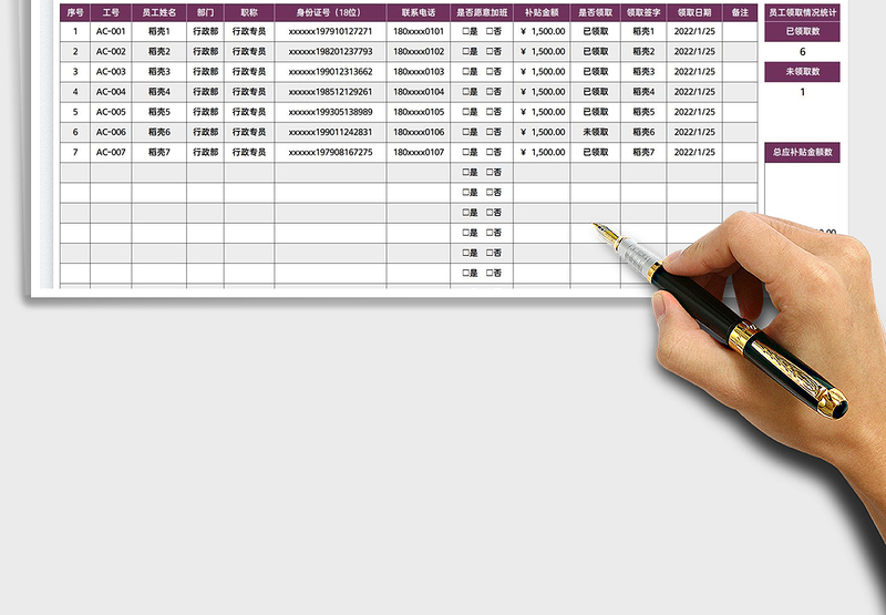 2025员工就地过年补贴领取统计表免费下载