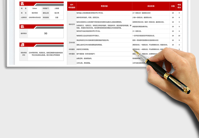2025红色简约风人事培训专员KPI绩效考核表免费下载