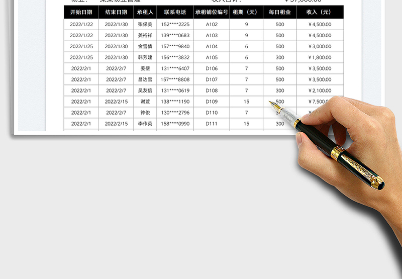 2025物业管理流动铺位出租收入表免费下载