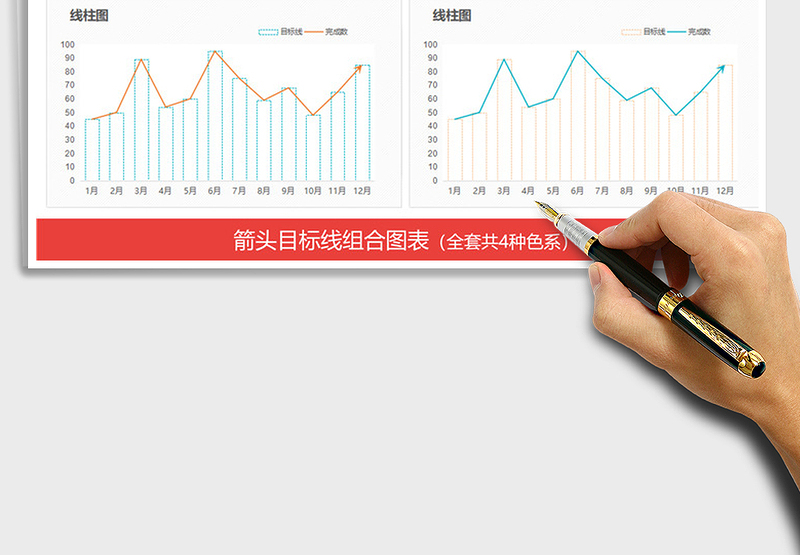 2025年箭头目标线组合图表 线柱图双轴图