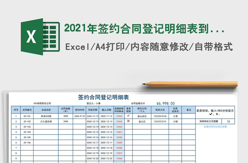 2025年签约合同登记明细表到期自动提醒