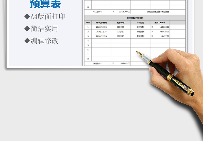 2025年公司春节前资金收支预算表