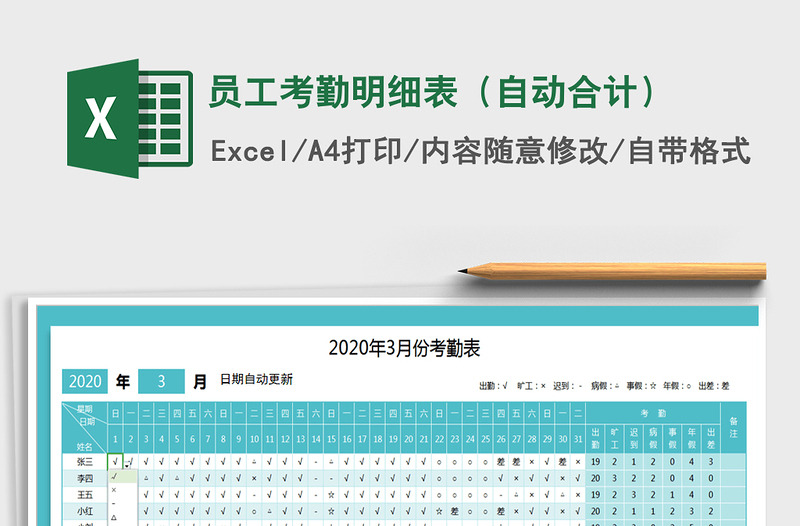 2025年员工考勤明细表（自动合计）