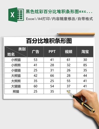 黑色炫彩百分比堆积条形图excel模板