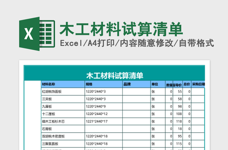 2025木工材料试算清单