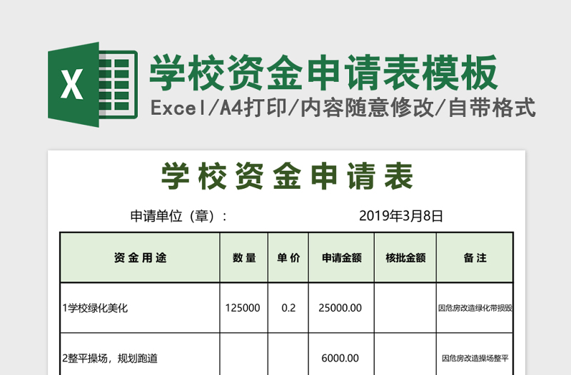 2025学校资金申请表模板excel模板