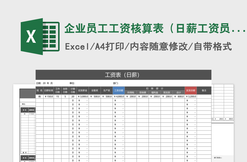 2025企业员工工资核算表（日薪工资员工通用）