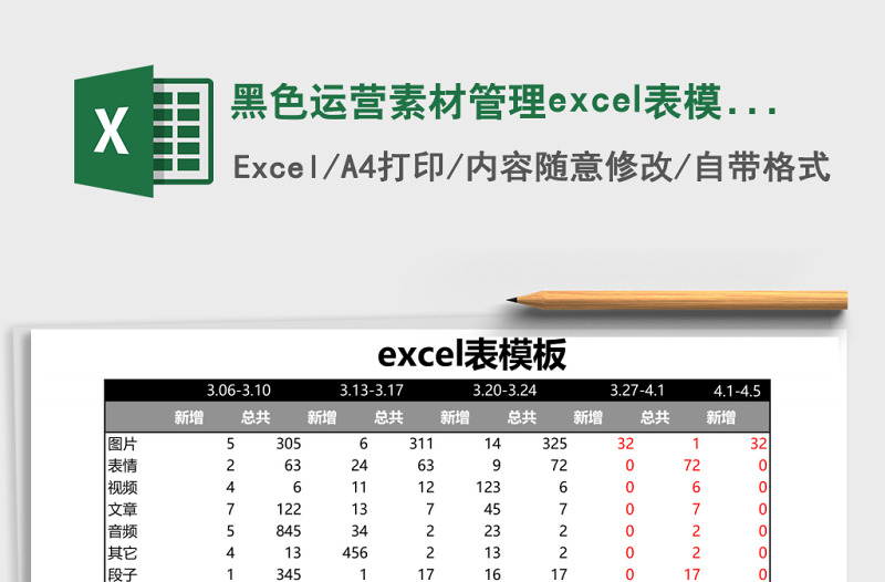 黑色运营素材管理excel表模板
