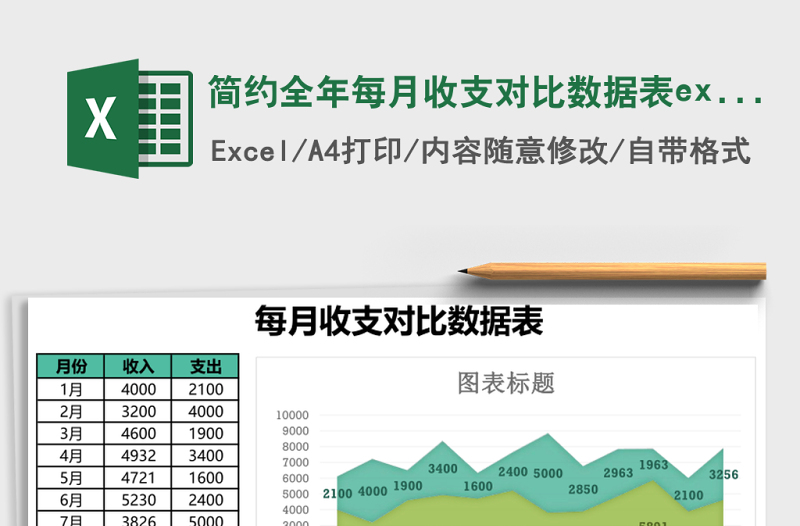 简约全年每月收支对比数据表excel模板
