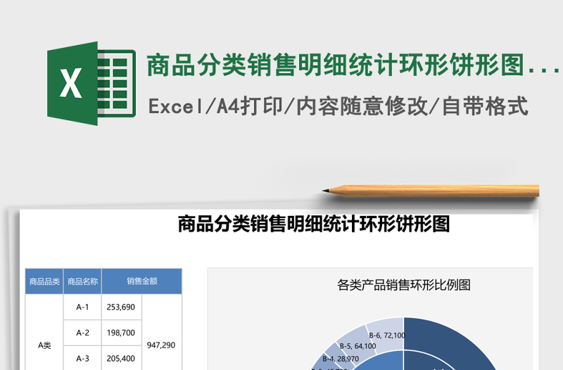 商品分类销售明细统计环形饼形图excel模板