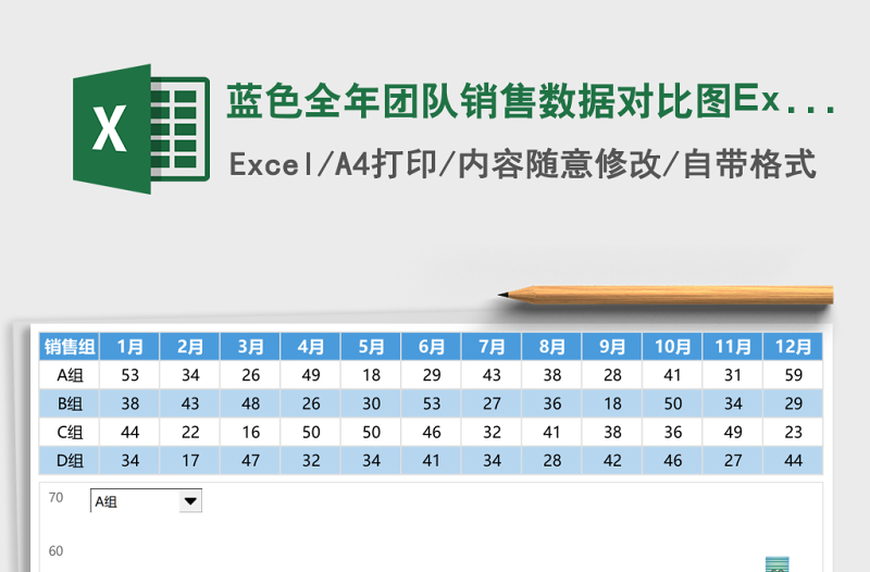 2025蓝色全年团队销售数据对比图Excel模板