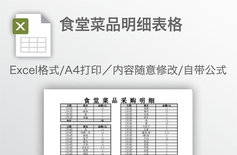 食堂菜品明细表格