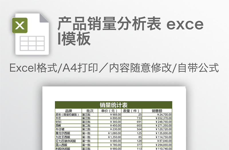 产品销量分析表 excel模板