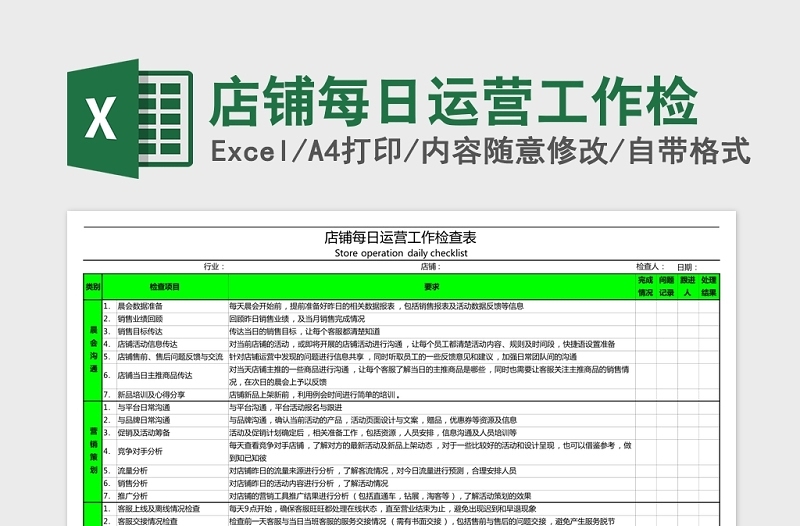 实用店铺每日运营工作检查Excel