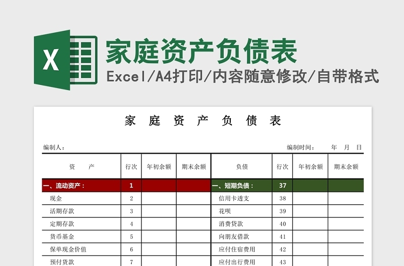 实用家庭资产负债表Excel