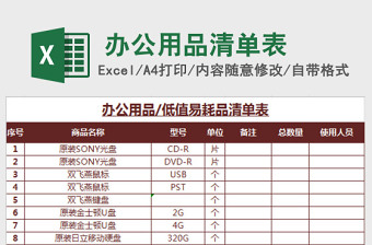 办公用品清单表excel模板