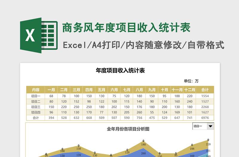 商务风年度项目收入统计表 excel表格下载