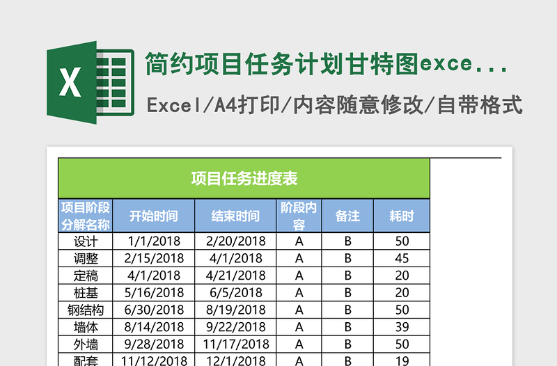 精美项目任务计划甘特图excel表模板