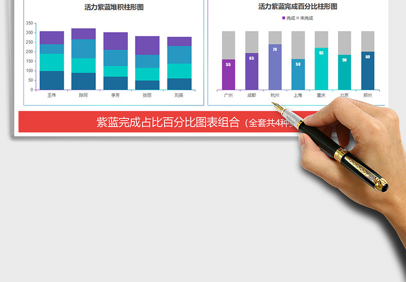 2025年紫蓝完成占比百分比图表组合 财务销售报表