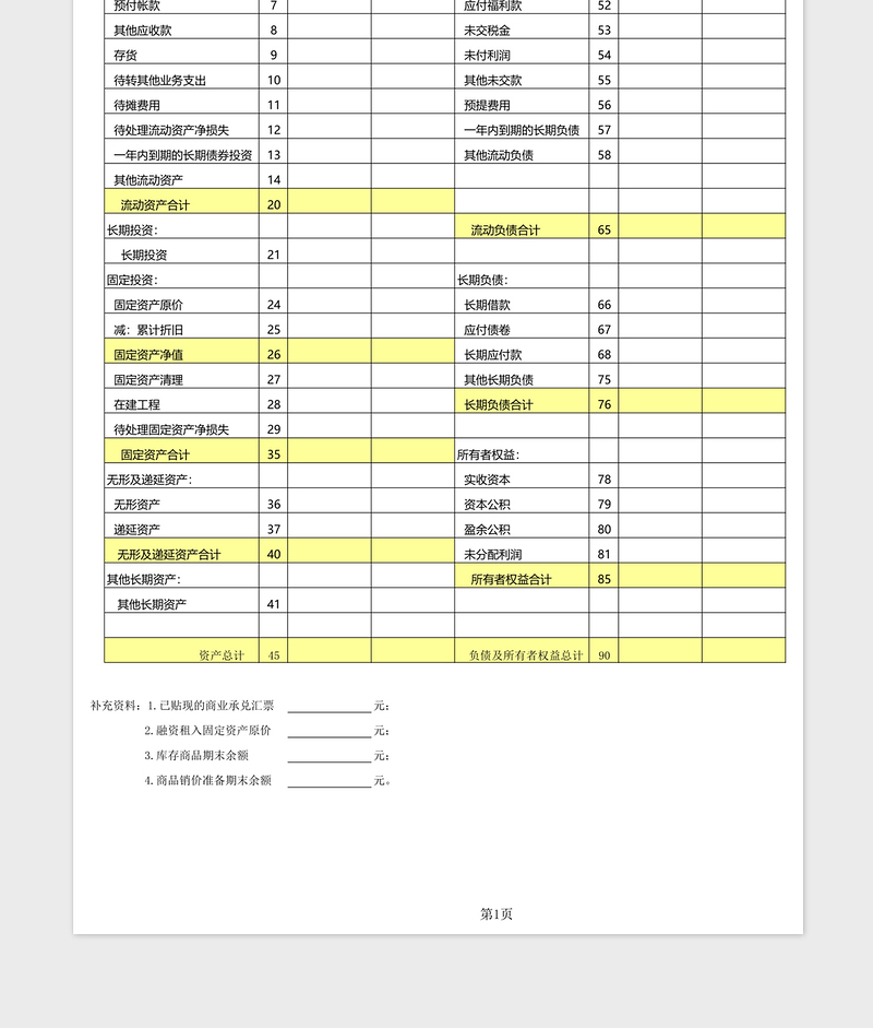 资产负债表单表excel模板