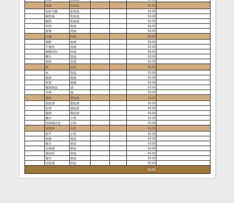 食品购物清单excel表格excel模板
