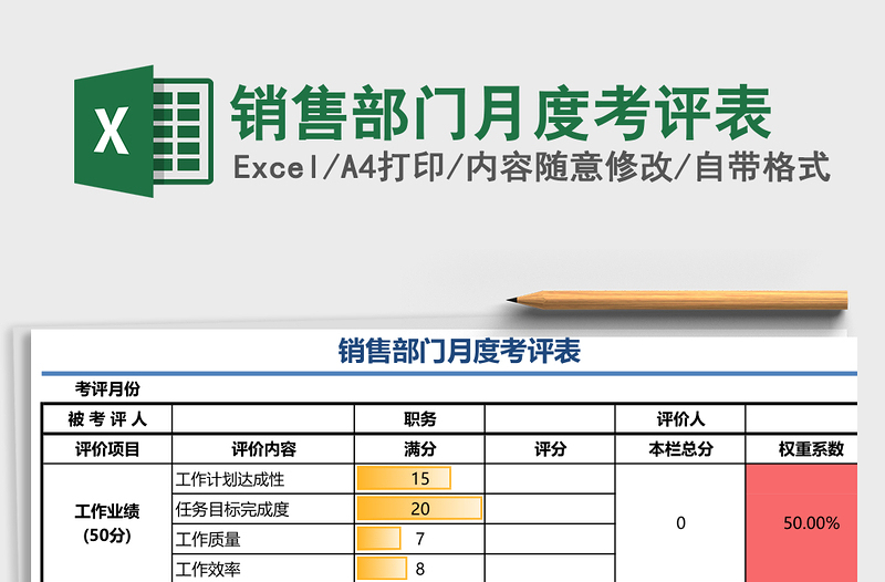 销售部门月度考评表excel表格下载