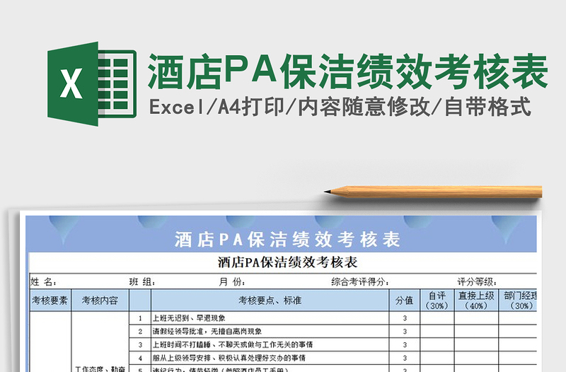 2025酒店PA保洁绩效考核表免费下载
