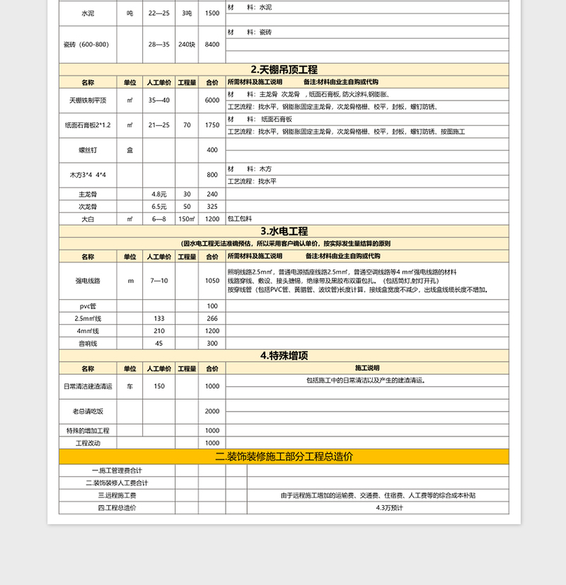 装修工程预算报价表excel模板