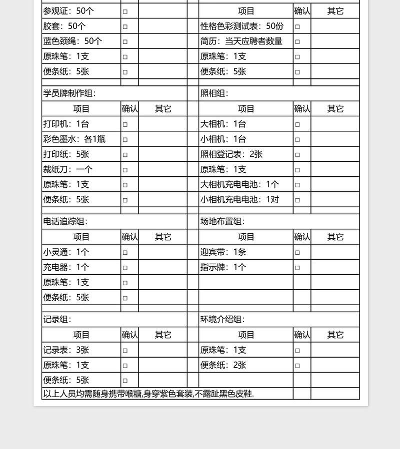 2025招募流程招聘物品检查表excel模板