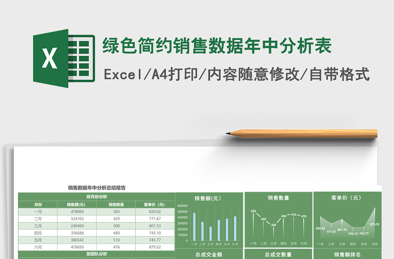 绿色简约销售数据年中分析表excel表格下载