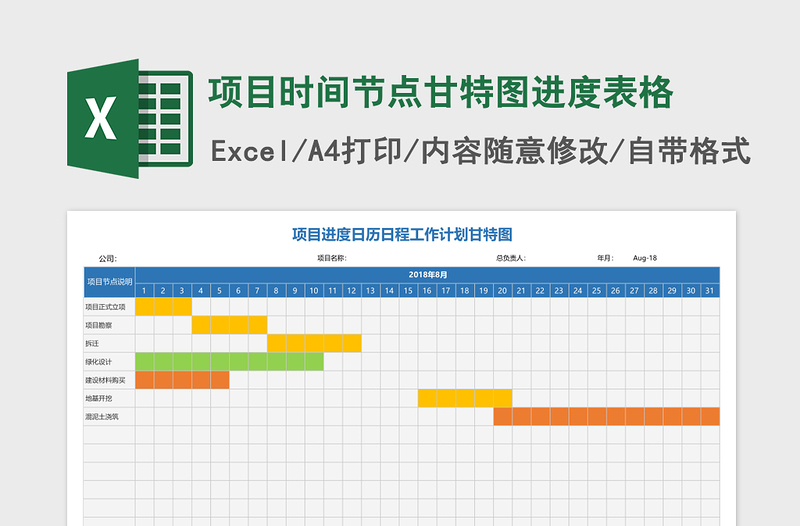 项目时间节点甘特图进度表格excel表格下载