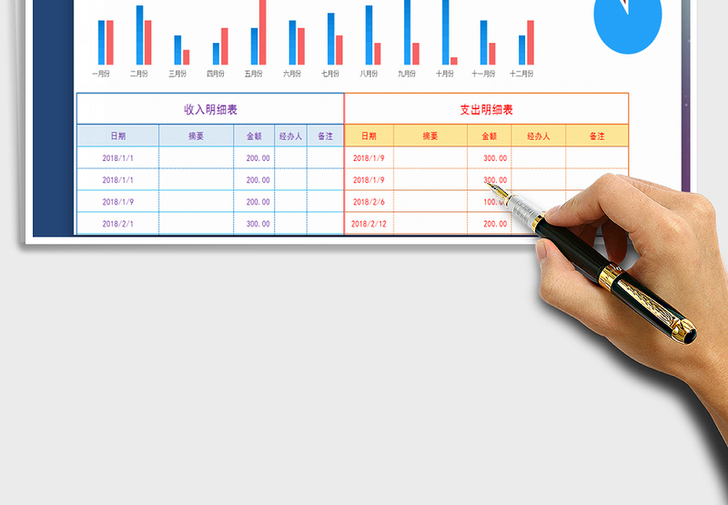 收入支出明细表（每月自动合计）