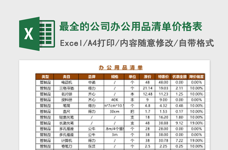 最全的公司办公用品清单价格表免费下载